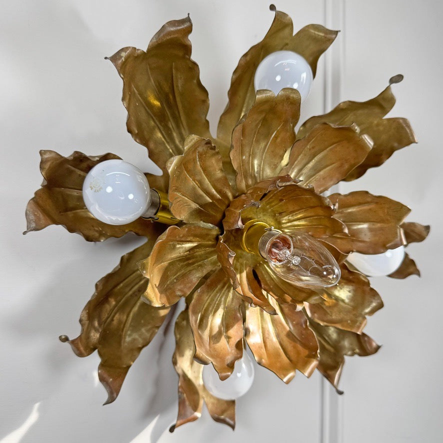 Mid Century Brutalist Copper and Brass Flower Ceiling Light