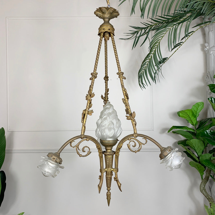 Art Nouveau Bronze and Glass Torchiere and Flower Chandelier circa 1905