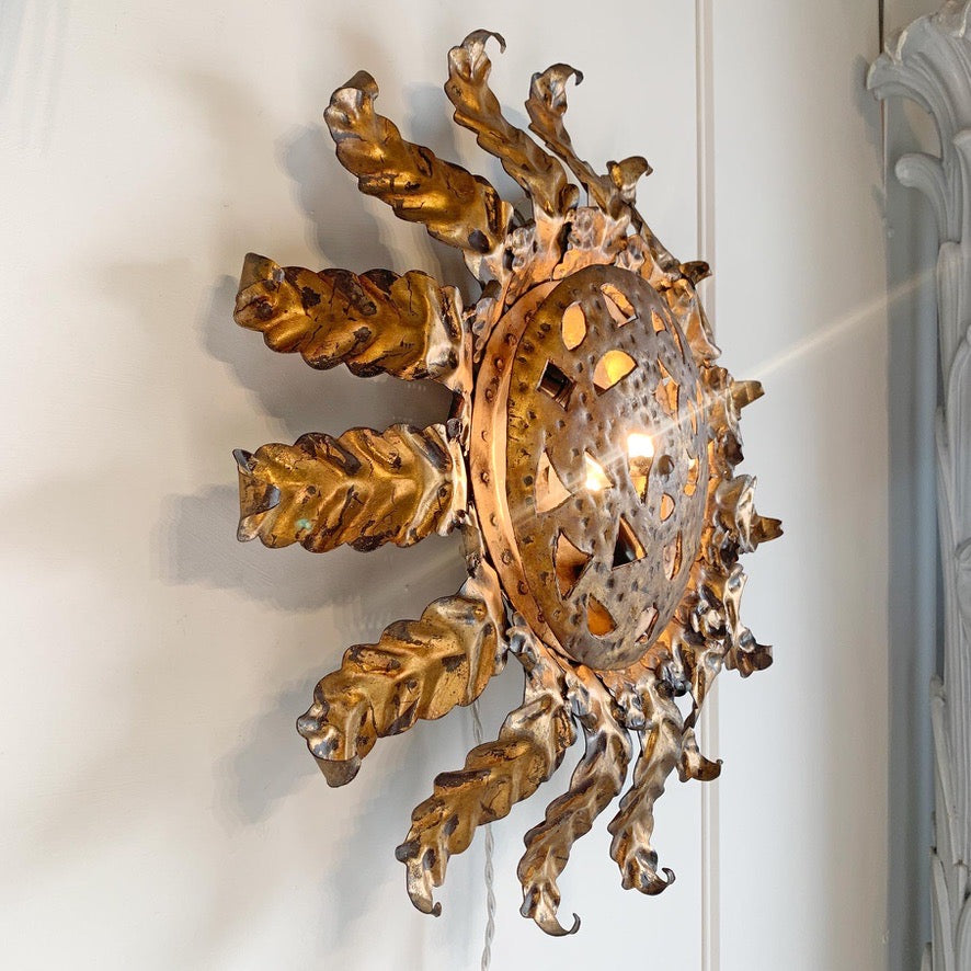 Gold Spanish Sunburst Light Light with Perforate Decorative Plate