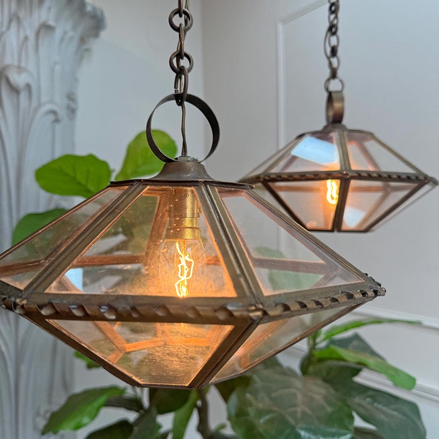Pair of French Brass and Glass Art Deco Pendant Lights