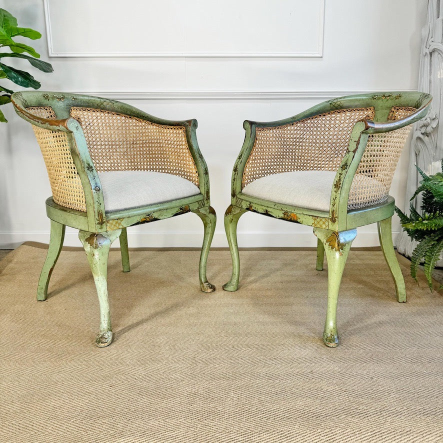 Pair of 19th Century Green Queen Anne Revival Chinoiserie Bergere Chairs