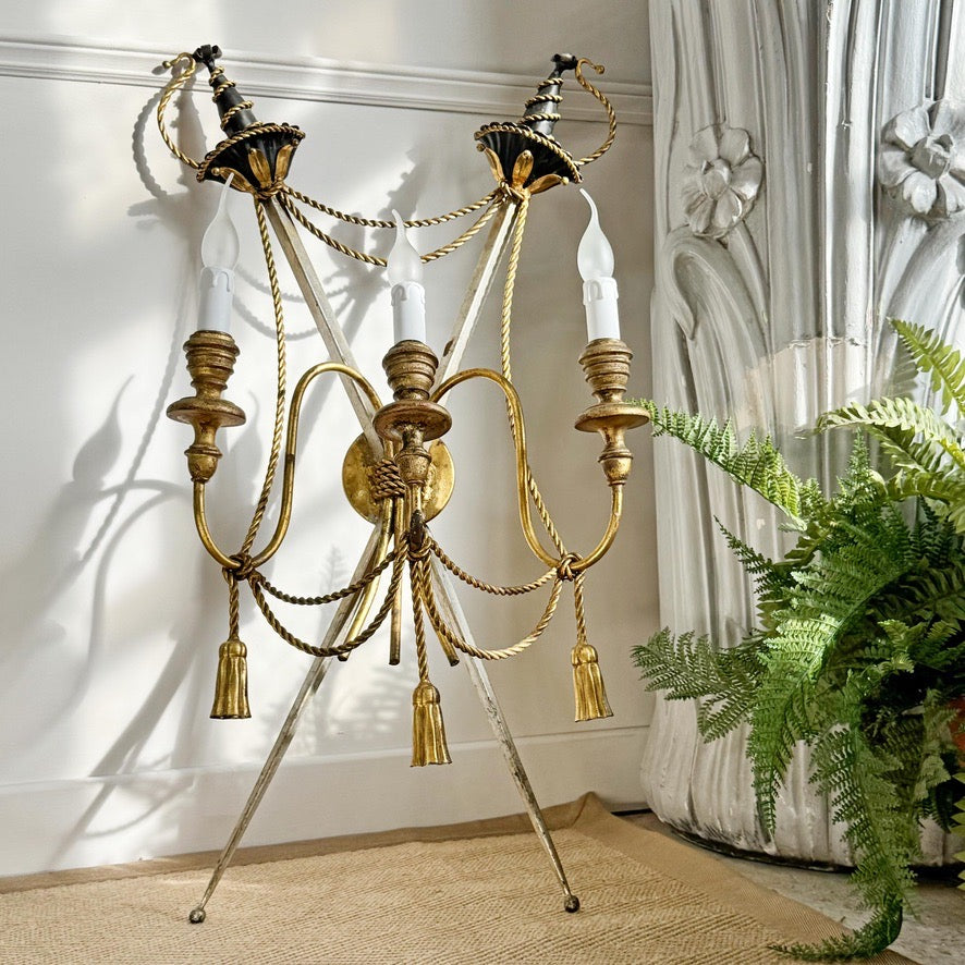 An Outstanding 1950's Italian Cross Sword and Gilt Rope Tassel Wall Light