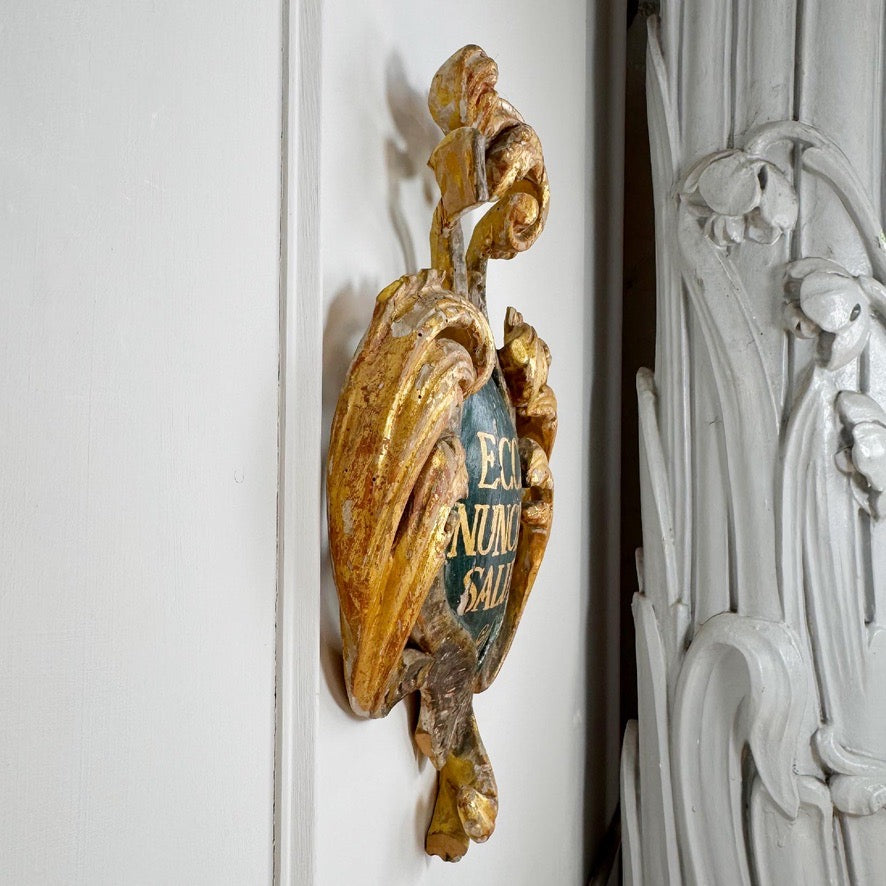 18th Century Giltwood Religious Shield Polychrome Painted