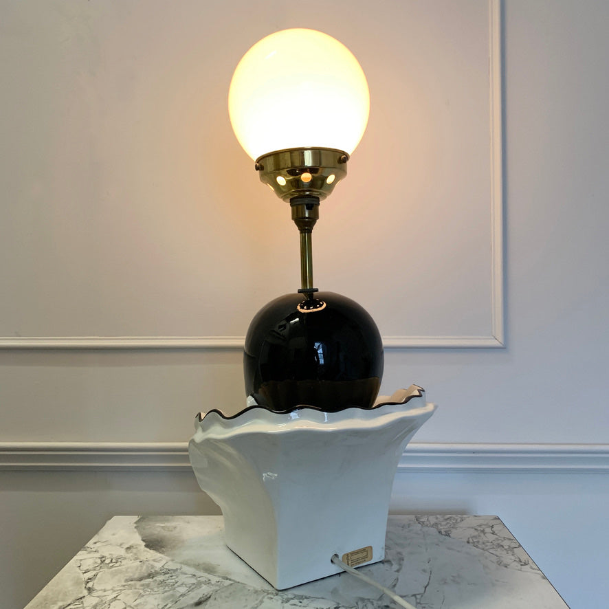 1980's White Ceramic pierrot & globe table lamp