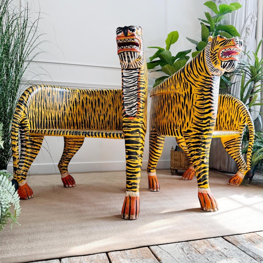 Vintage Pair of Indian Polychrome-Decorated Tiger Throne Chairs
