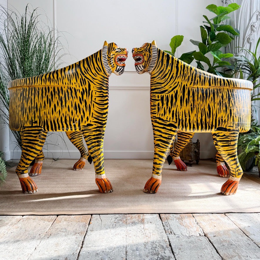 Vintage Pair of Indian Polychrome-Decorated Tiger Throne Chairs