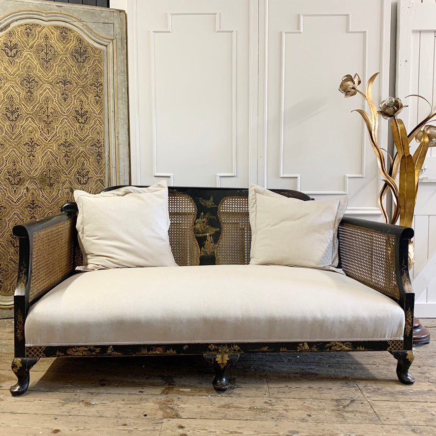 Edwardian Black Chinoiserie Bergere Cane Settee circa 1900