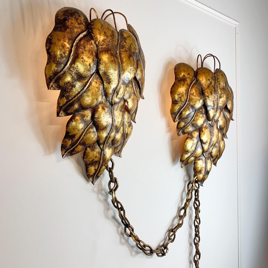 Pair of Gold Italian Leaf and Chain Swag Wall Lights 1950's