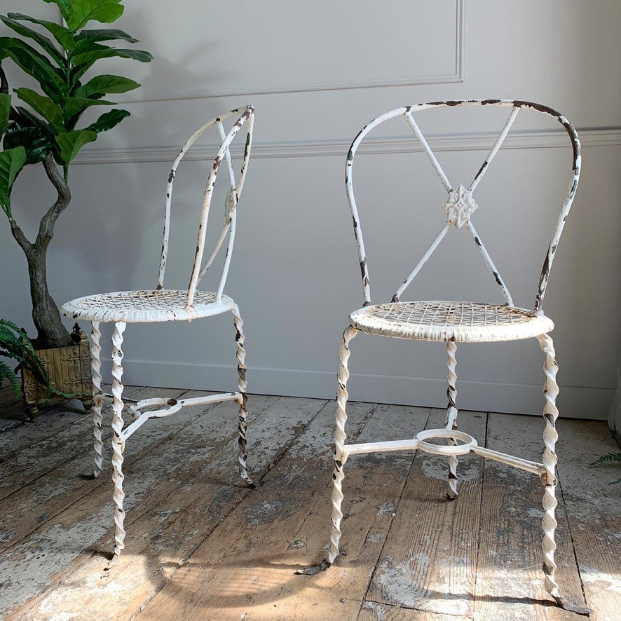 Superb pair of Rare White Tri-Legged Regency Wrought Iron Chairs
