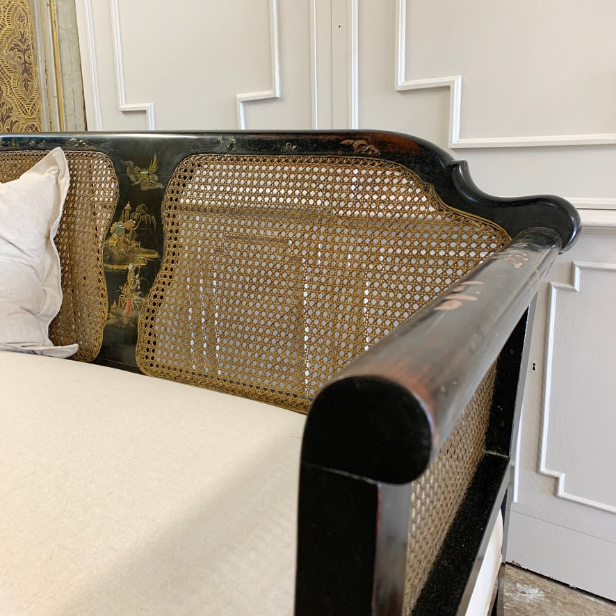 Edwardian Black Chinoiserie Bergere Cane Settee circa 1900