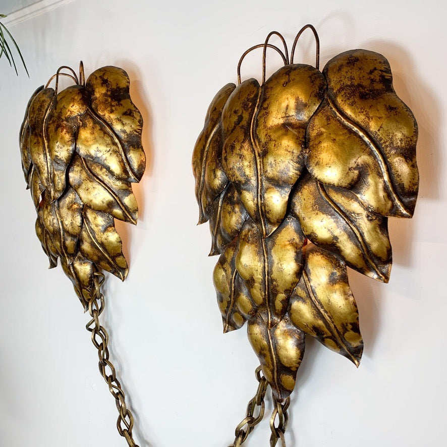 Pair of Gold Italian Leaf and Chain Swag Wall Lights 1950's