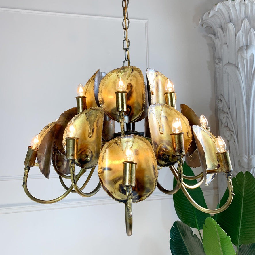 Modernist Gold Brutalist Chandelier by Tom Greene for Feldman
