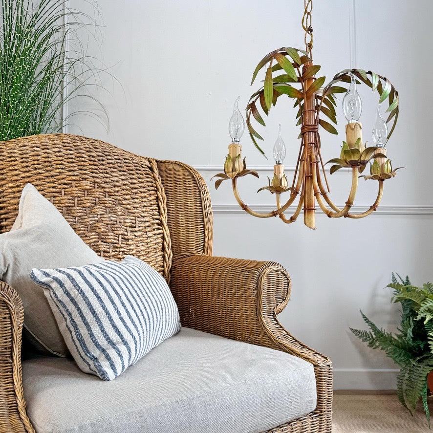 Mid Century Italian Faux Bamboo Palm Tole Chandelier 1950's