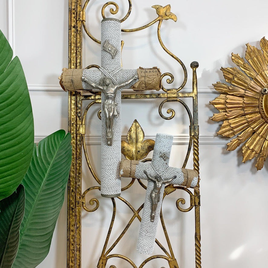 1930's French White Glass Bead and Zinc Memorial Crucifixes