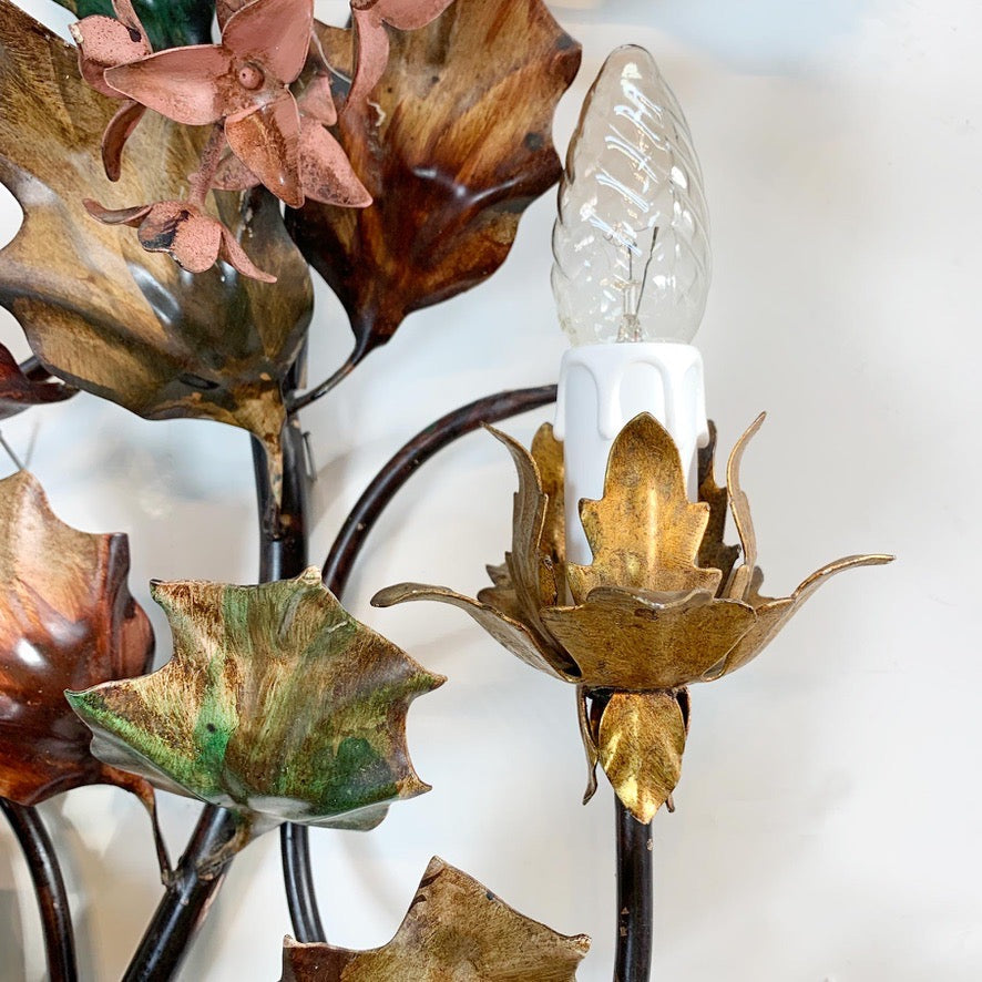 Exceptional Italian Hand Painted Holly Leaf Wall Sconce of Huge Scale