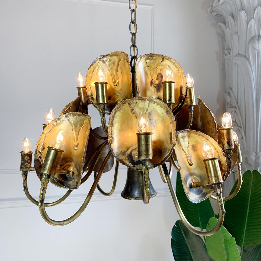 Modernist Gold Brutalist Chandelier by Tom Greene for Feldman