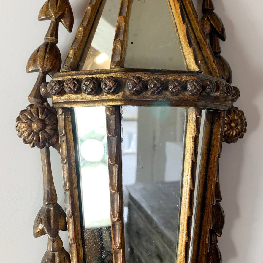 Antique French Faceted Gold Mirror Wall Sconce