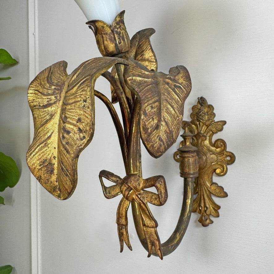 RW Winfield Art Nouveau Opaline and Brass Flower Wall Sconces 1845