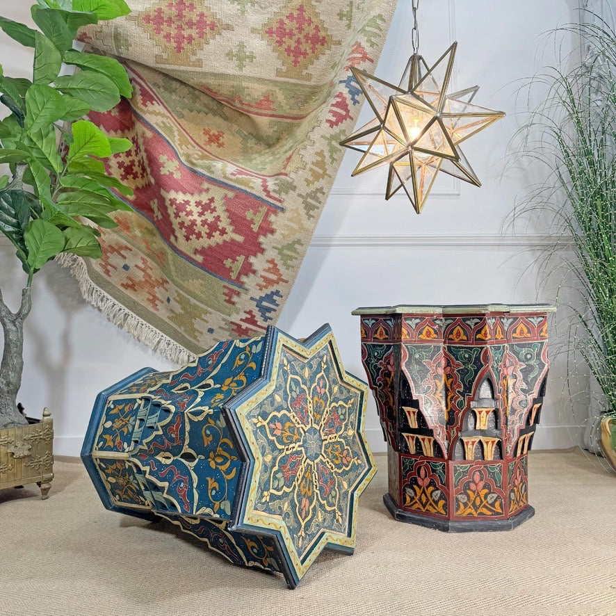 Mid Century Moroccan Painted Blue Wooden Star Table