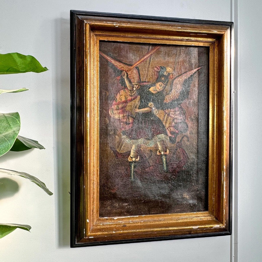 Cuzco School Oil Painting on Canvas of the Archangel Michael defeating Satan 18th Century