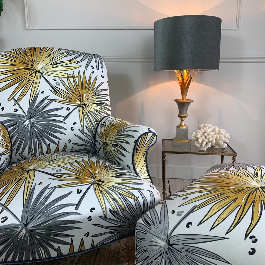 19th Century French Napoleon lll Armchair and Footstool in Tropics 'Fan Palm' Fabric