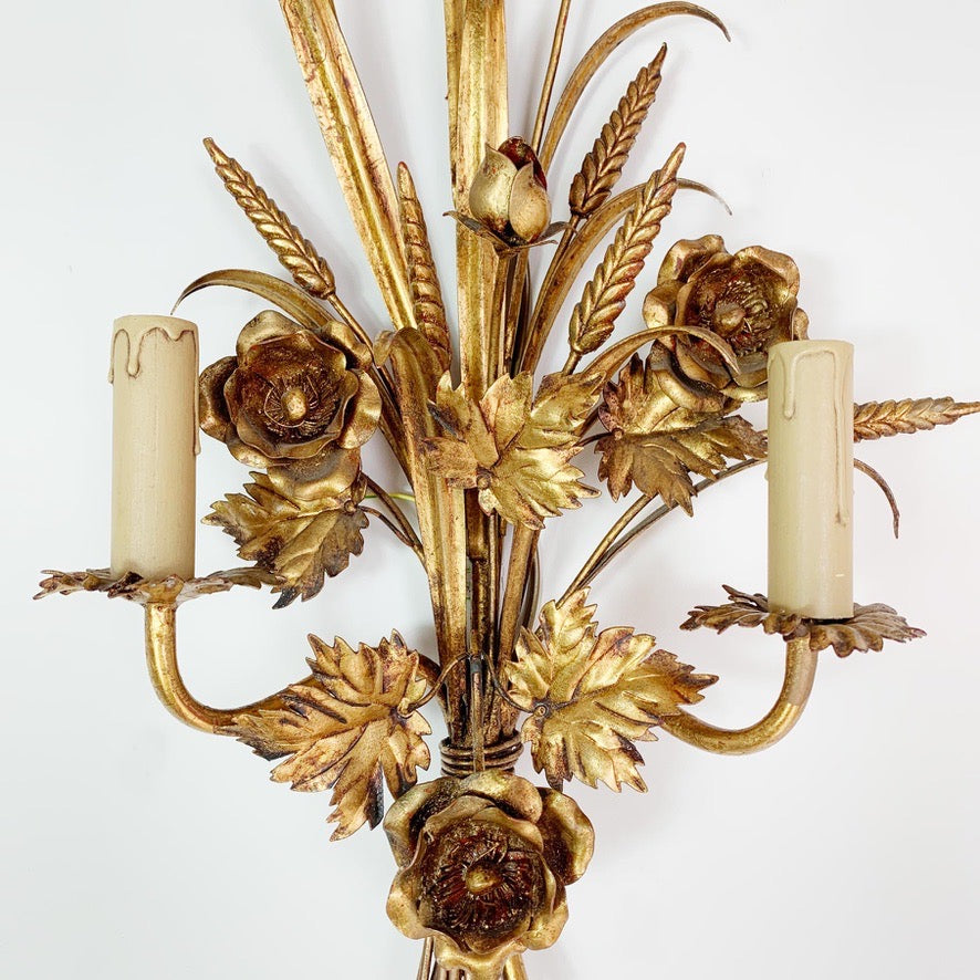 S.Salvadori Gold Wheat Sheaf Sconce Light 1970's