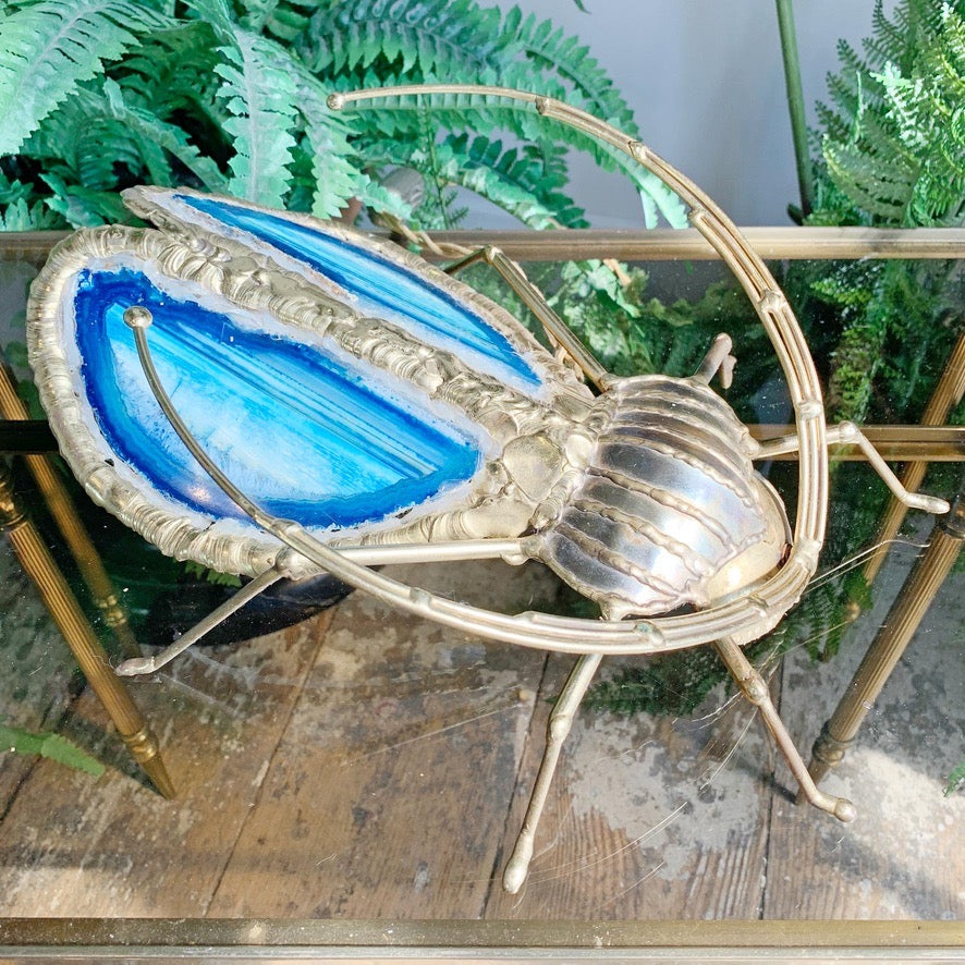 Henri Fernandez Illuminated Gold Blue Agate Sculpture of a Longhorn Beetle