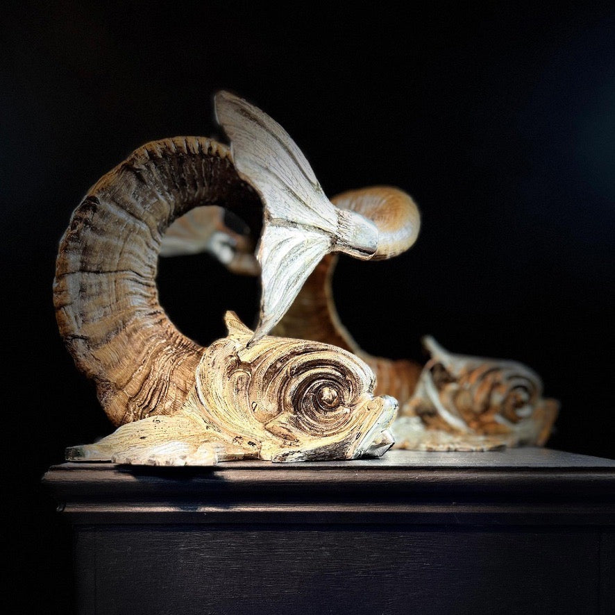 Gabriella Crespi 'Coppia di Delfini' Pair of Rams Horn and Silvered Bronze Mythical Dolphins Each Signed to Base