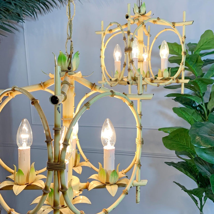 Pair of Faux Bamboo Pagoda Chandeliers Italy 1950's