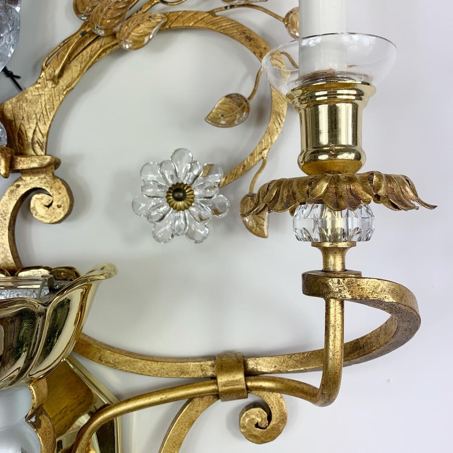 Stunning Large Banci Firenze Gilt Iron and Crystal Parrot Wall Light