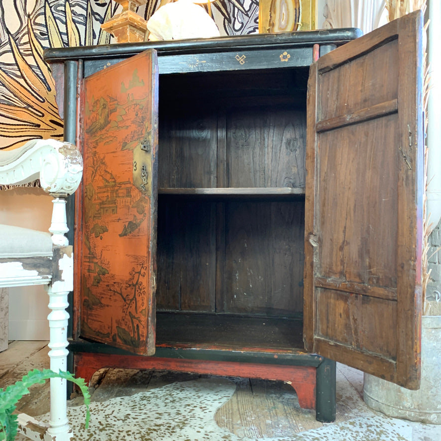 19th C Crimson Red On Black, Chinoiserie Cabinet