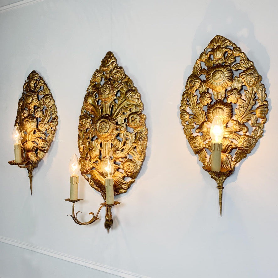 Set of 3 Gold Repousse Baroque Wall Sconces