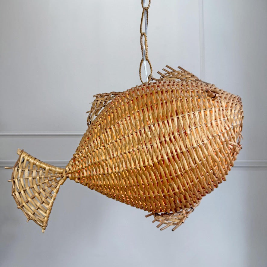 1950s Large Wicker Fish Pendant Light