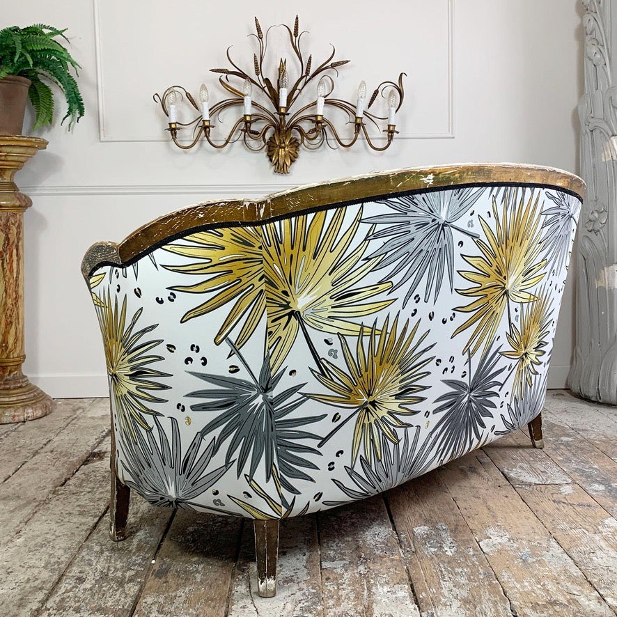 Antique French Parlour Settee in Tropics 'Fan Palm' Fabric