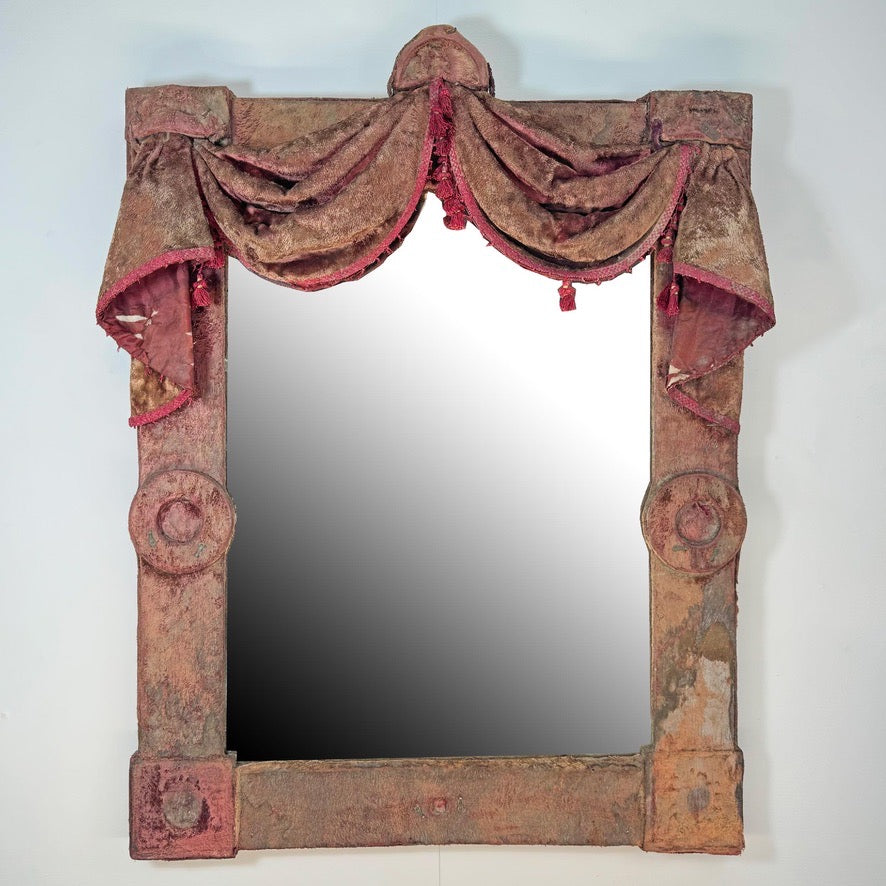 Theatrical Burgundy Antique Velvet Mirror with Drapes and Swags 19th Century