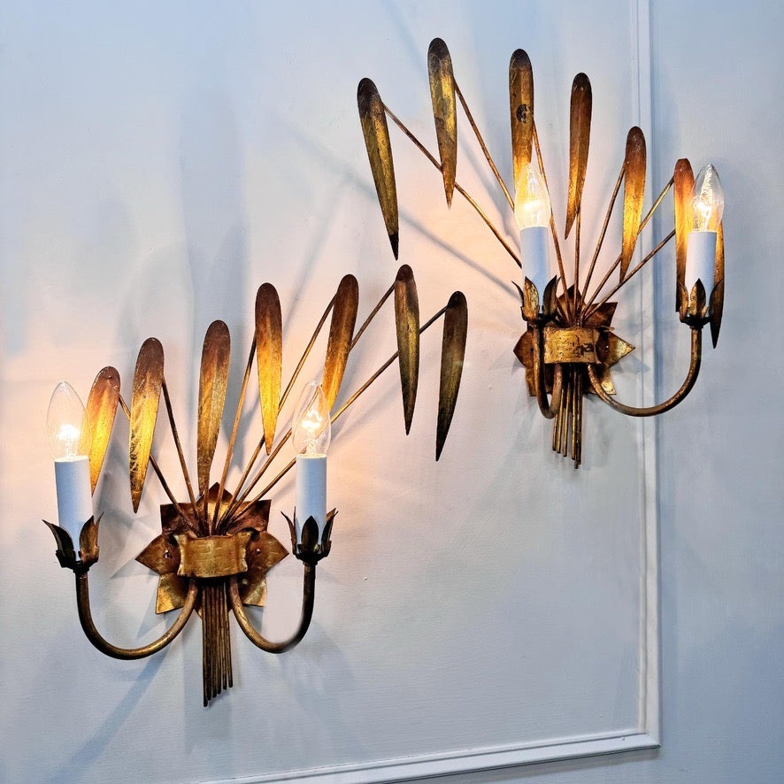 Vintage Pair of Ferro Art Gold Leaf Wall Lights