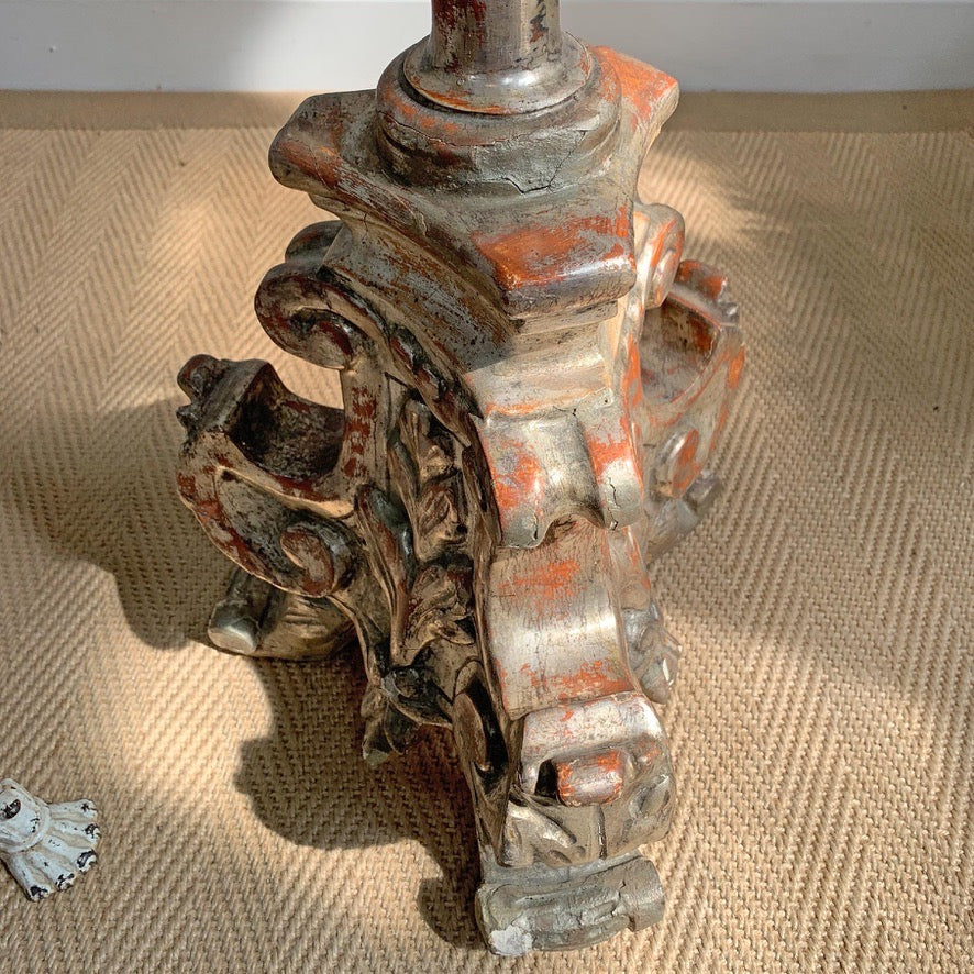 Large 19th Century Silver Baroque Gilt Wood Candlestick