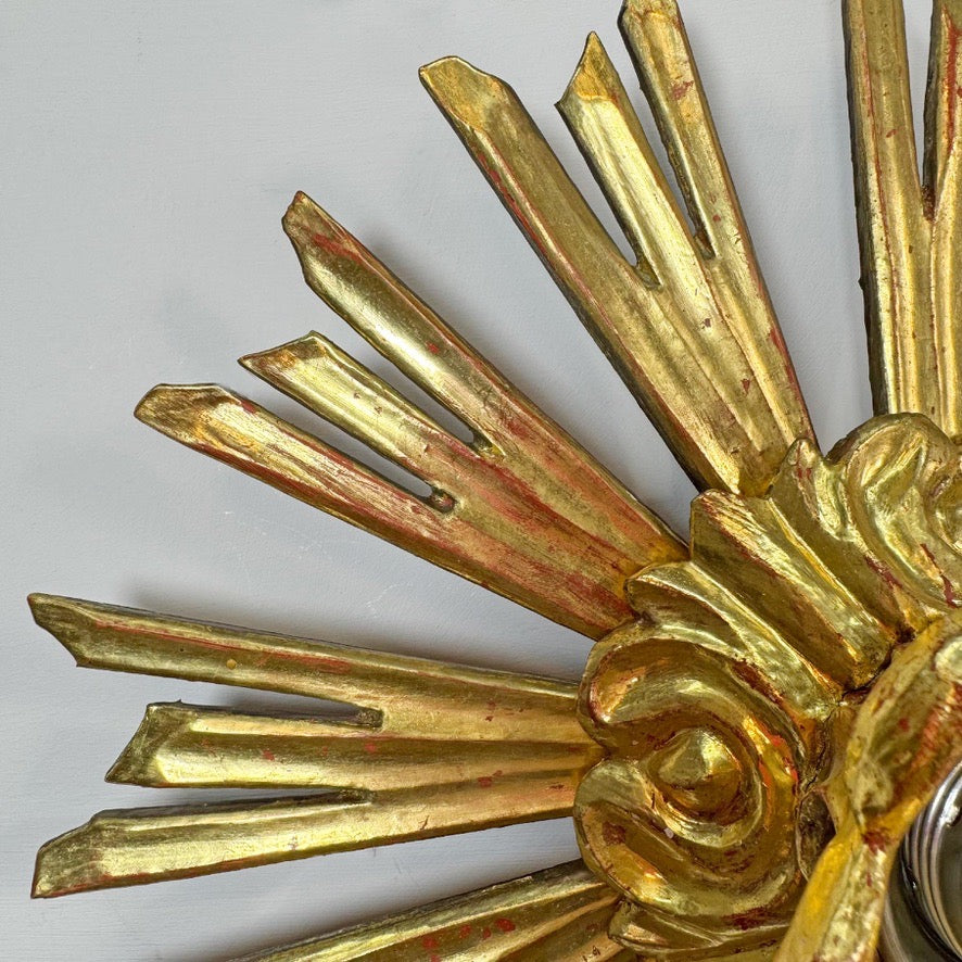 Antique Water Gilt Wood Chapel Sunburst Flush Light