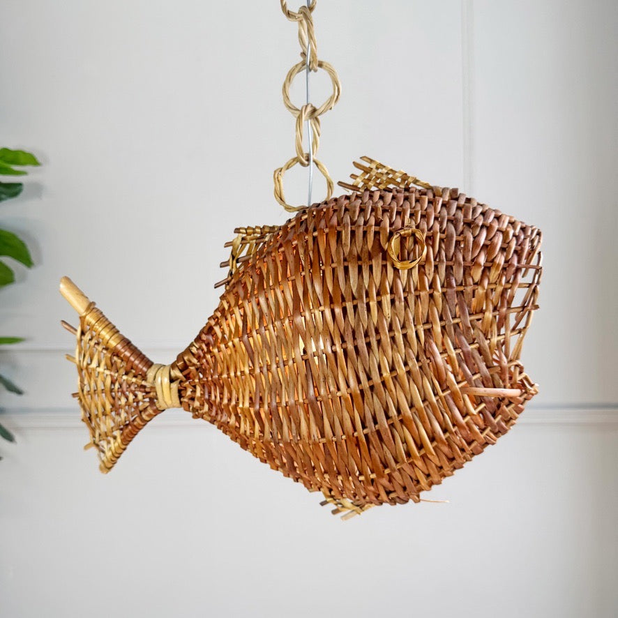 Wicker Fish Ceiling Light Mid Century France