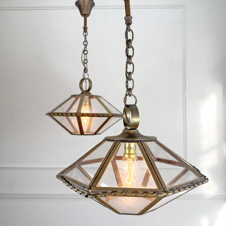 Pair of French Brass and Glass Art Deco Pendant Lights