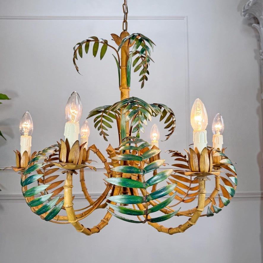 Large Faux Bamboo Palm Leaf Italian Tole Chandelier 1960's