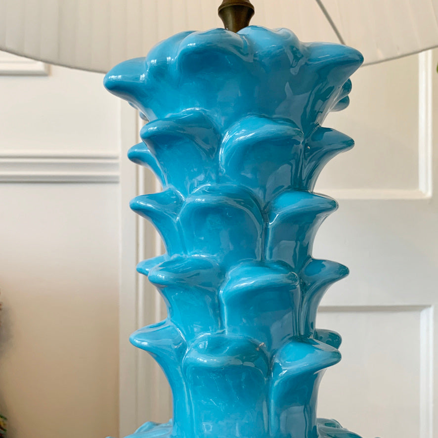 Exceptional Italian Blue Ceramic Pineapple Lamp of Huge Proportions 1960's