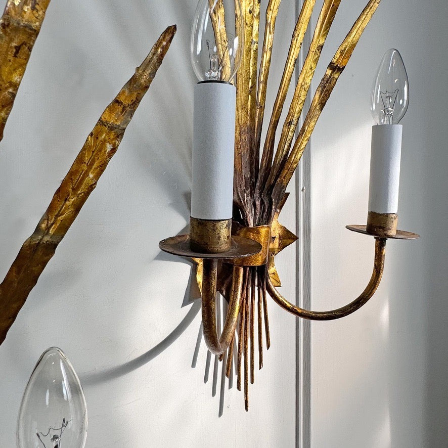 Pair of Vintage Gold Reed Leaf Wall Lights by Ferrocolor Spain 1950's