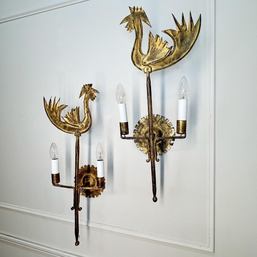 Vintage Pair of Jean Touret Cockerel Wall Lights for Ateliers de Marolles