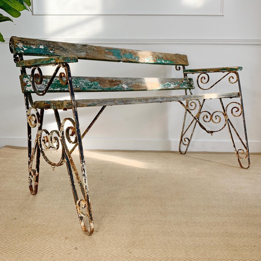 1950's Wrought Iron Slatted Garden Bench