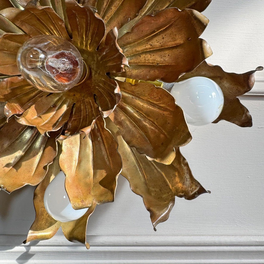 Mid Century Brutalist Copper and Brass Flower Ceiling Light