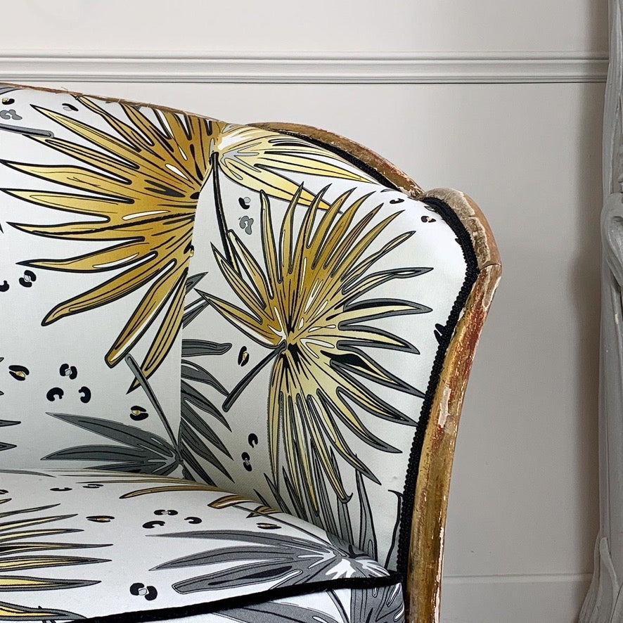 Antique French Parlour Settee in Tropics 'Fan Palm' Fabric