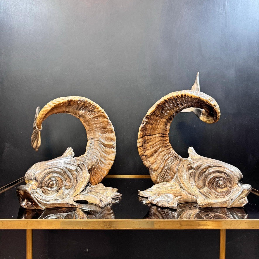 Gabriella Crespi 'Coppia di Delfini' Pair of Rams Horn and Silvered Bronze Mythical Dolphins Each Signed to Base