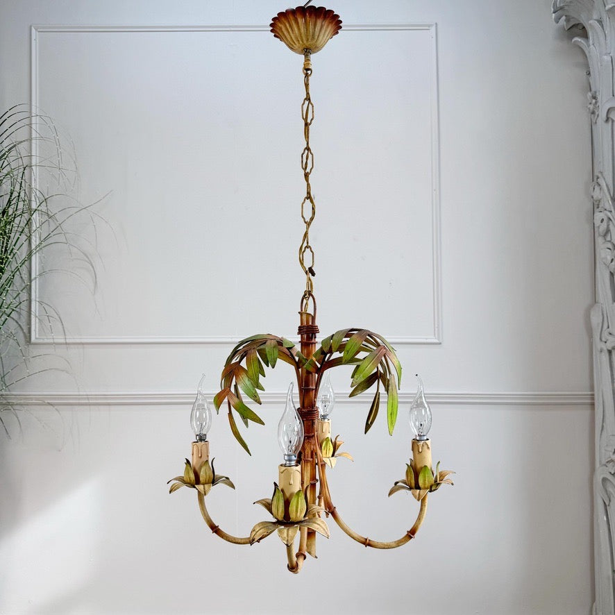 Mid Century Italian Faux Bamboo Palm Tole Chandelier 1950's