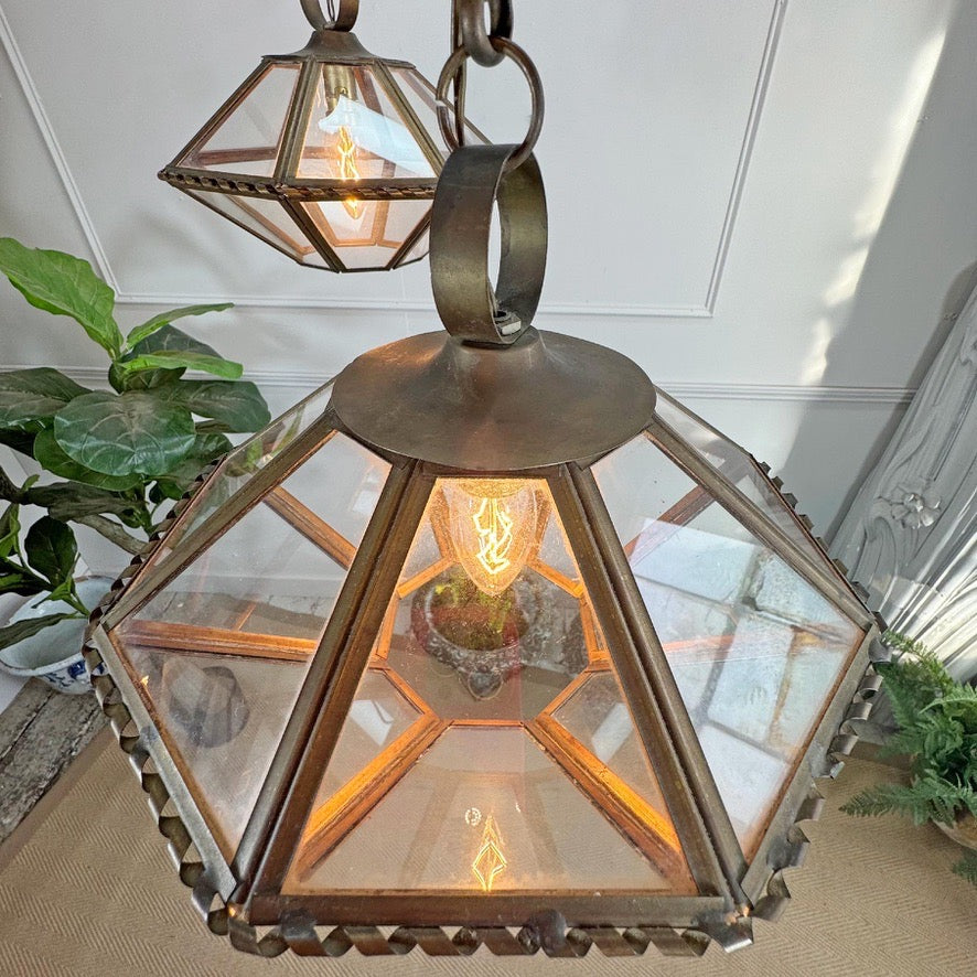 Pair of French Brass and Glass Art Deco Pendant Lights